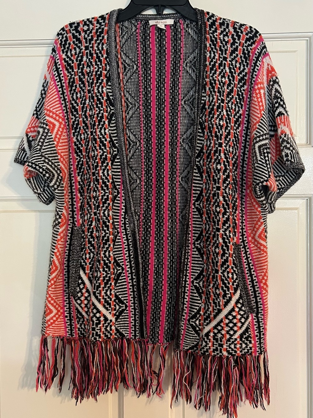 Ella Moss Pink & Black Patterned Fringe Open Cardigan size XS BOHO WESTERN CHIC